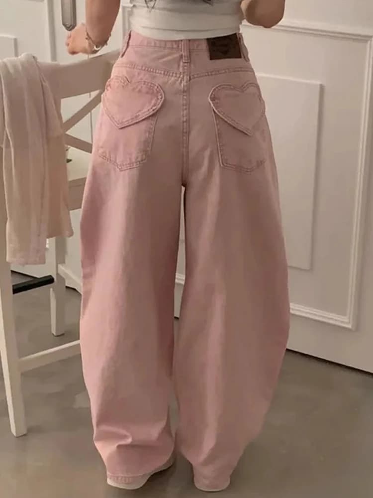 High Waist Denim Jeans Women's Spring New Style Versatile Banana Pants Back Heart Pocket Casual Loose Fit Wide Leg Pants