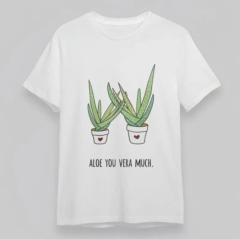 Men's Crew Neck Aloe You Vera White cotton shorts with very potted plant