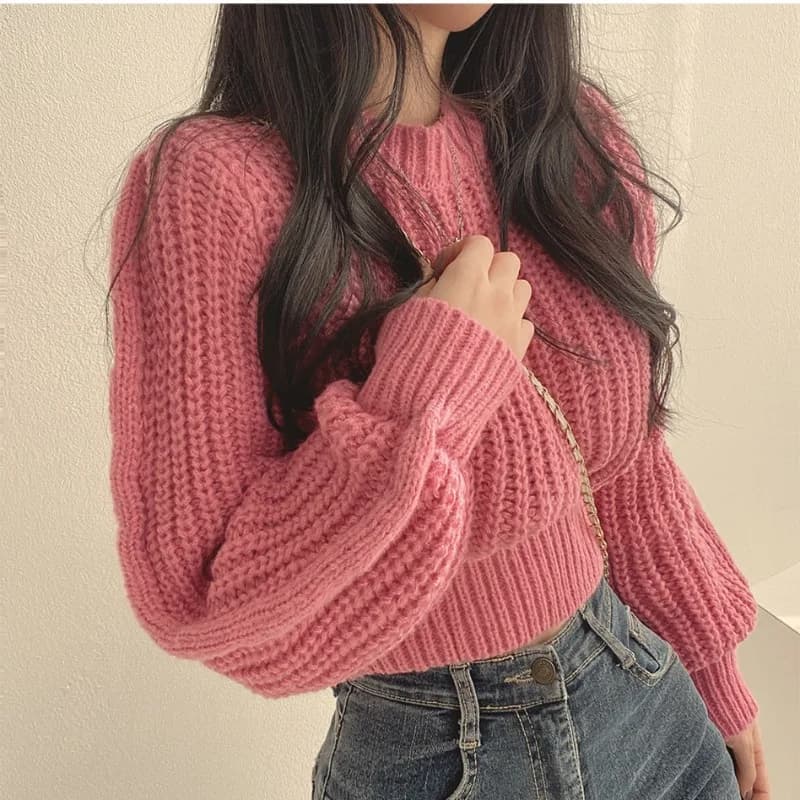 2026 New Sweater Women Fashion O Neck Knitted Pullovers Korean Bubble Sleeve Knitwear Winter Casual Jumpers