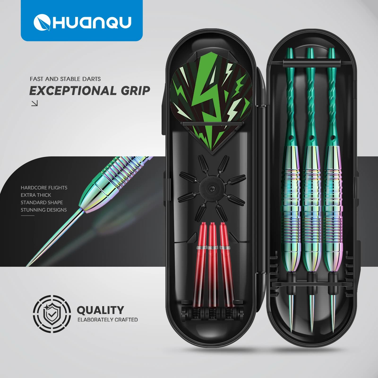 Set di freccette professionali Huanqu con punta in acciaio, 3 pezzi, con fusti colorati, include aste in alluminio, alette, affilatore per freccette e custodia