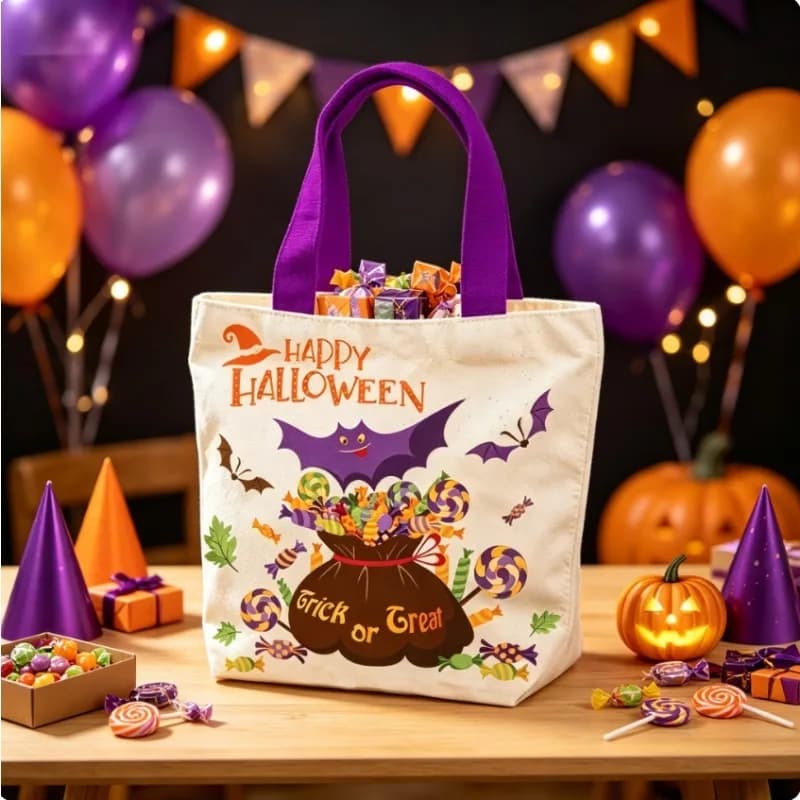 Halloween Canvas Tote Bags Trick Or Treat Candy Sack Kids Pumpkin Witch Bat Print Reusable Handbag Party Favor Supplies