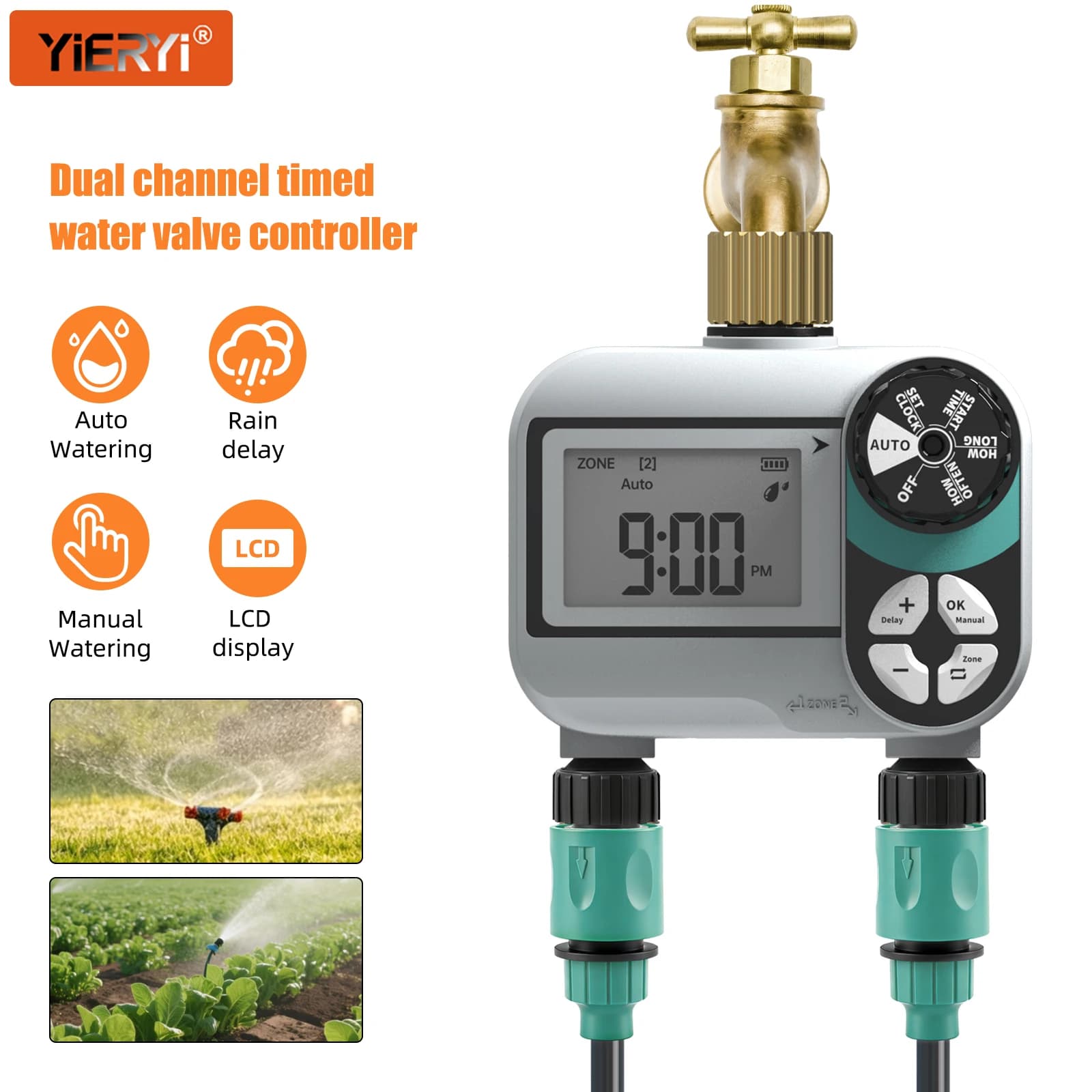 Yieryi Dual Zone Automatic Water Timer IP55 Waterproof Sprinkler Hose Timer Digital Electronic Garden Irrigation Controller