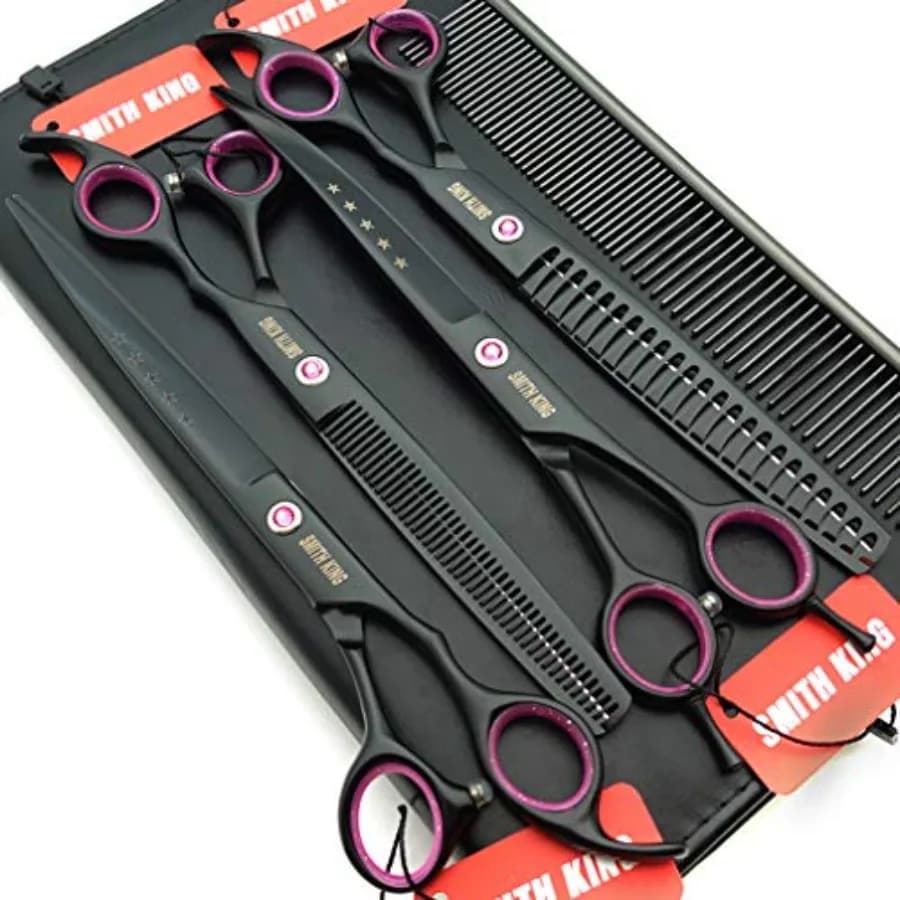 Professional 8.0 inch dog grooming scissors, straight scissors, curved scissors and chunker scissors, 4 in 1 set with combs