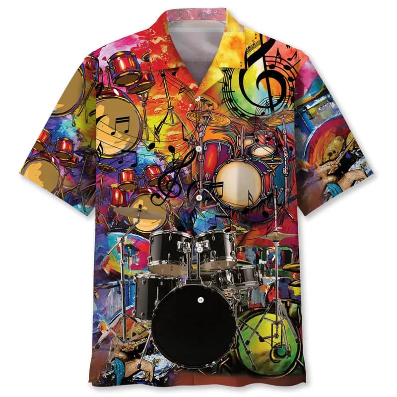 Camicia hawaiana con motivo a tamburo Camicia estiva da uomo con stampa 3D Strumenti musicali Camicetta a maniche corte Camicie per amanti della musica da strada all'aperto