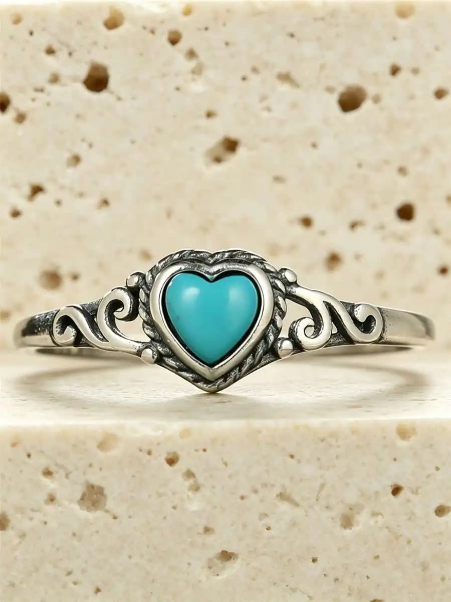 1pc Vintage Pure Silver Heart Shaped Ring With Turquoise Stone And Hollow Flower Pattern, Ideal For Women's Engagement & Wedding