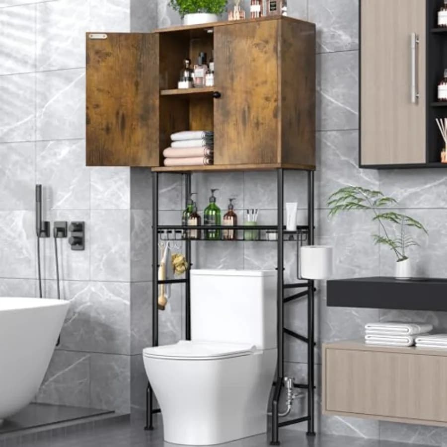 Mobiletto da bagno sopra il WC con 2 ante per piccoli bagni, marrone, resistente all'acqua, scaffale organizer da bagno autoportante
