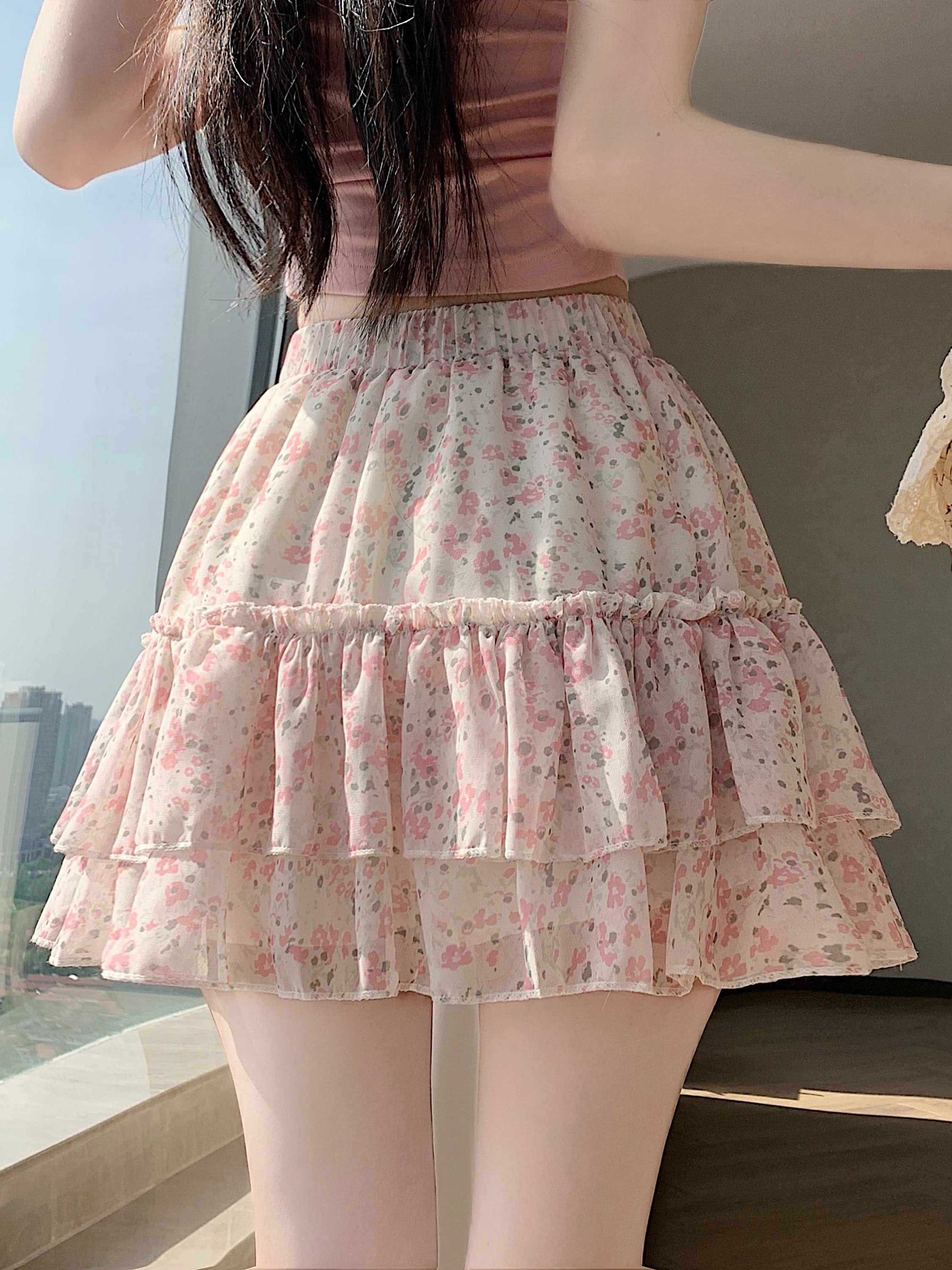 Gonna a trapezio floreale rosa da donna, a vita alta, snellente, con inserti, anti-trasparenza, casual, a balze, a mezza lunghezza, stile da pendolare