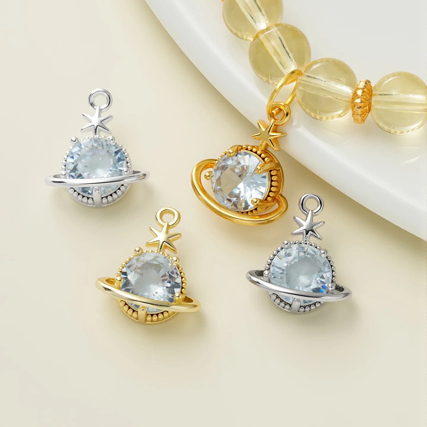 2Pcs 14/18K Gold Color Plated Planet Pendants Inlaid Zircon for Handmade DIY Bracelet Necklace Jewelry Making Accessories