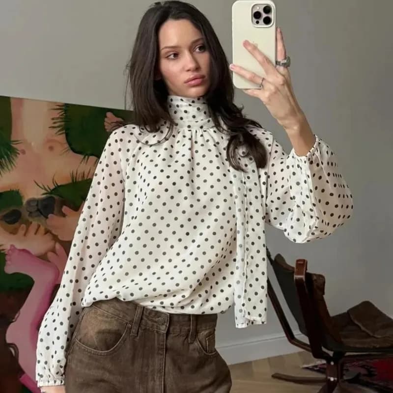 Elegant women's shirts Tuularose, wide patchwork blouses with fashionable polka dot bow, casual women's shirt for autumn