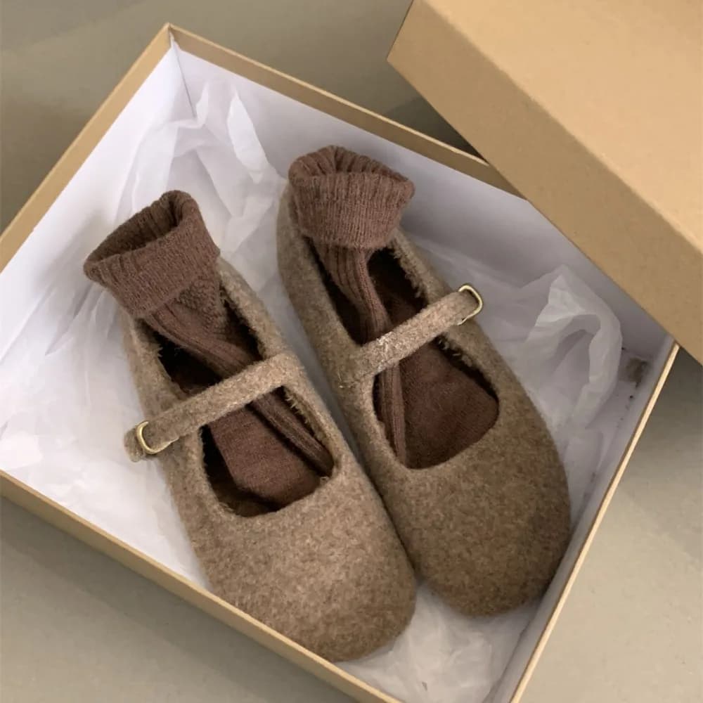 Ballerine in pile con punta quadrata alla moda Donna Inverno caldo lana Mary Jane Scarpe da donna Mocassini eleganti in peluche dal design di marca