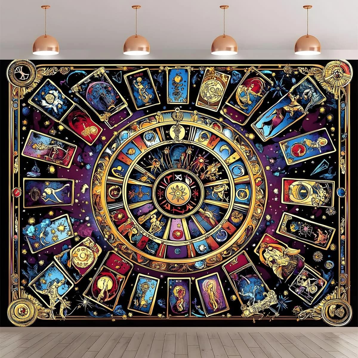 Tapestry Ruota del Tarocchi Cosmica, Tappeto Murale Artistico Dorato con Carte Zodiacali Astrologiche, Galassia, Misticismo, Stregoneria e Celeste per Arredamento Camera da Letto