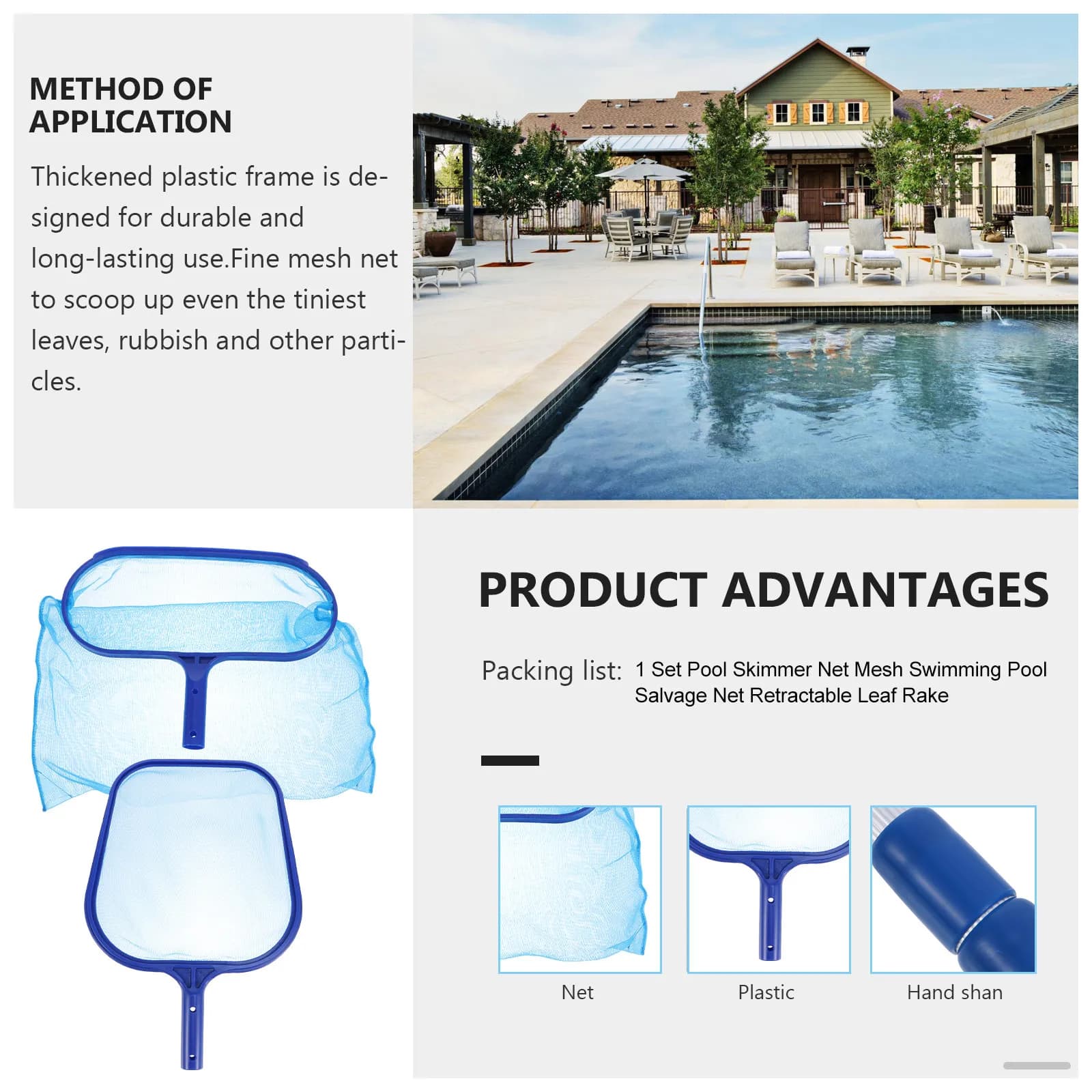 1Set Pool Cleaning Net Retractable Pole 110Cm Dual Size Mesh Set for Swimming Pool Skimmer Leaf Rake Surface Debris Removal Tool
