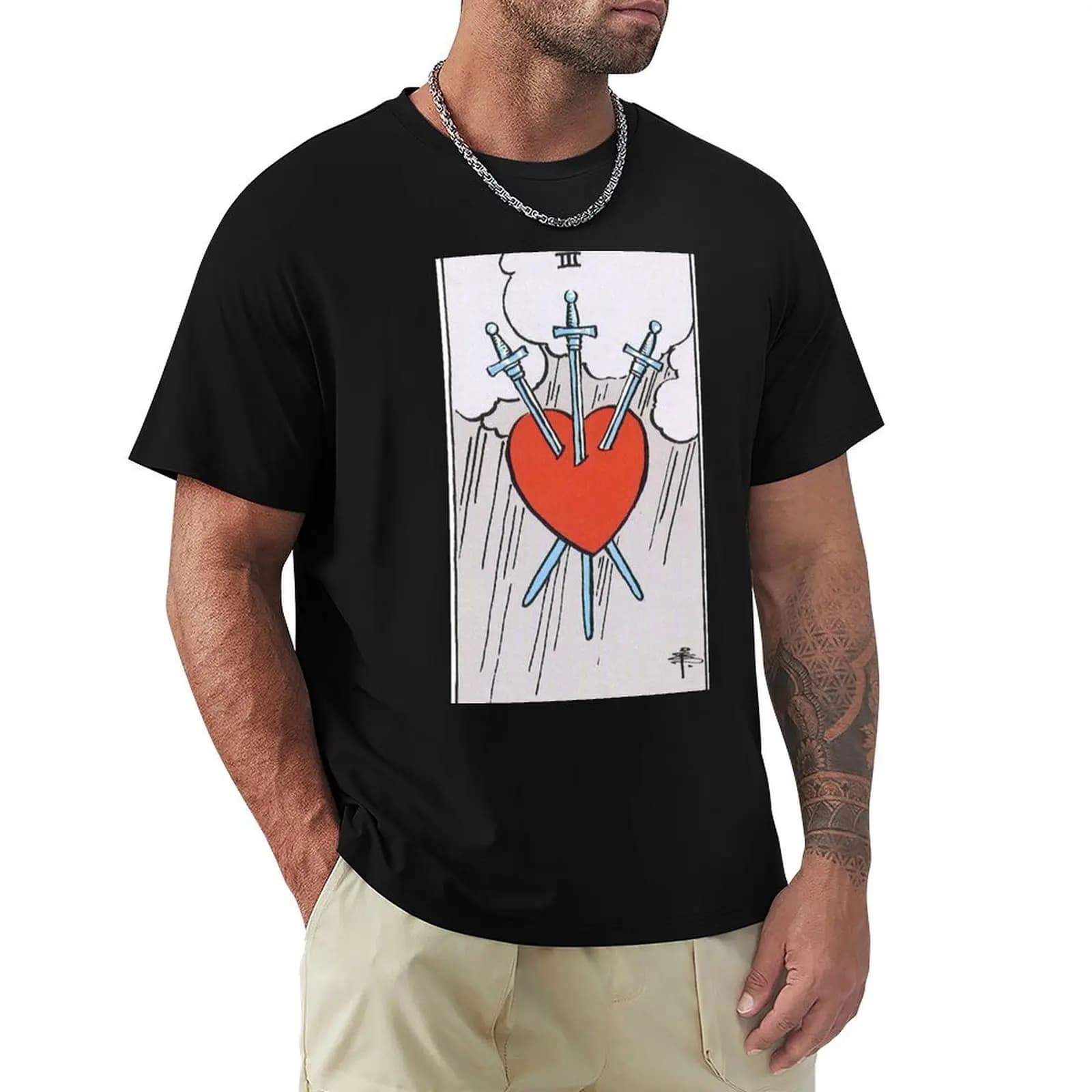T-shirt con stampa Three of Swords Tarot Card, maglietta casual da lavoro e per il tempo libero