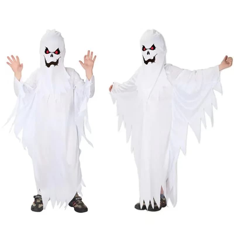 Halloween Bambino Ragazzo Ragazza Spaventoso Fantasma Bianco Mantello Cosplay Festa per bambini Vestito operato Mantello horror Costume di carnevale in maschera