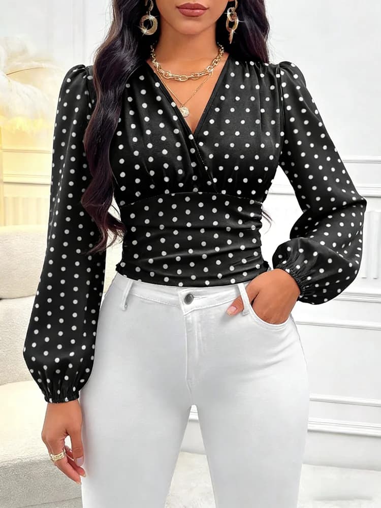 Camicetta da Donna Primavera Estate, Bianca e Nera a Pois, con Scollo a V, Maniche Lunghe a Sbuffo, Vita Arricciata, Stile Vintage Casual per Uso Quotidiano