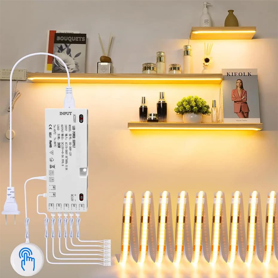 1-5m 12V COB Collezione di armadietti Display Nastro luminoso a led Libreria Armadio Armadio Illuminazione EU UK US AU Spina Dimmer Sensore tattile