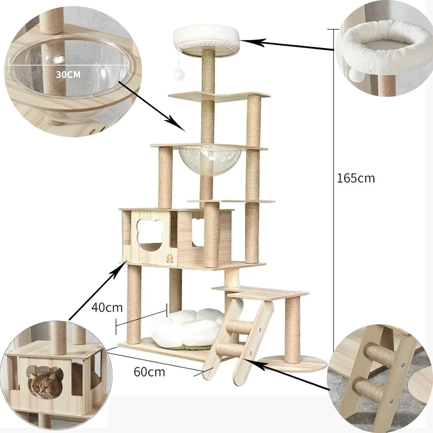 Torre per albero per gatti a livello di legno dal design superiore condominio, palline giocattolo, graffi in sisal, gatti da interni grandi per adulti,