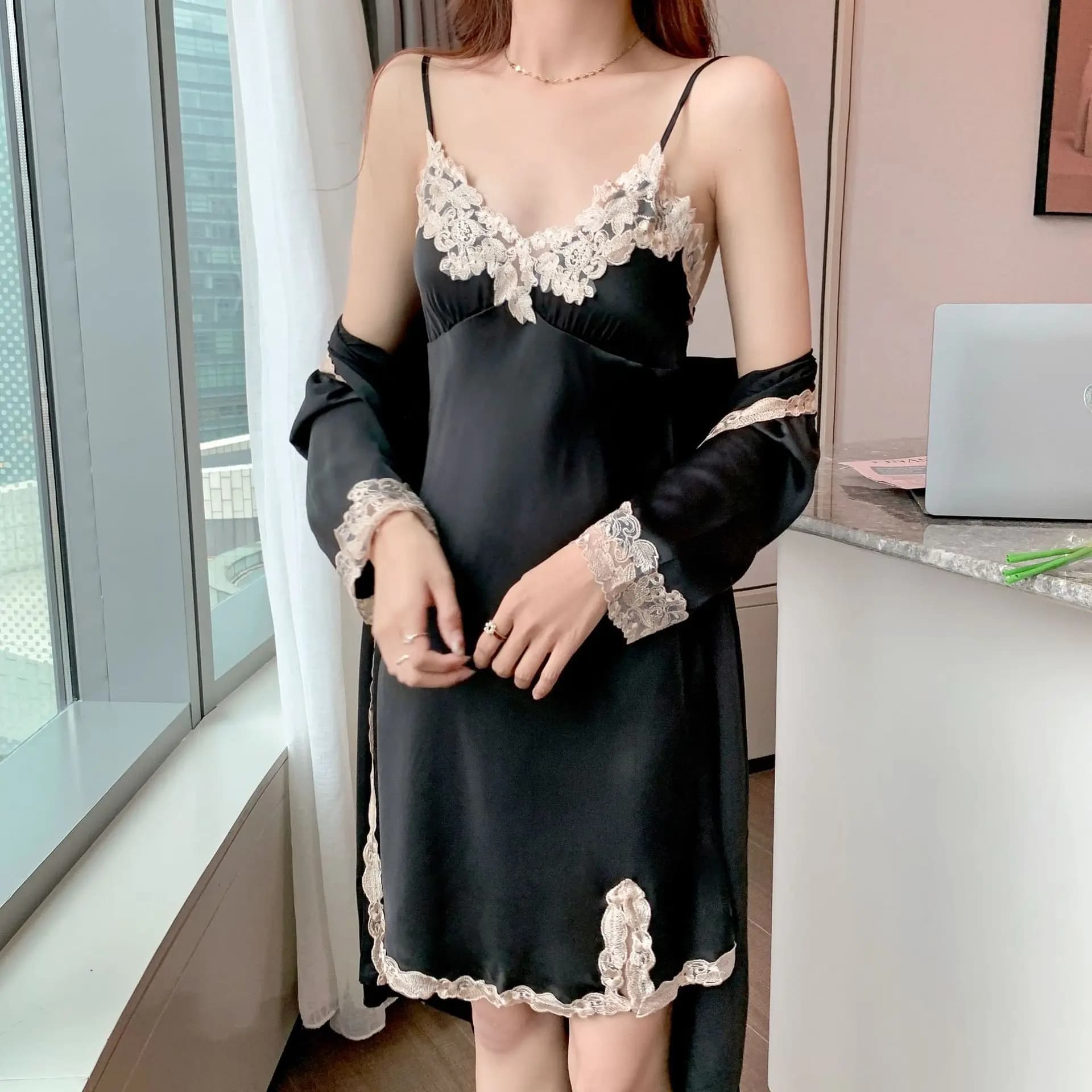 Lace Bathrobe Set Women 2PC Kimono Nightshirts V-Neck Robe Gown Suit Silky Satin Nightdress Sleepwear Negligee Homewear