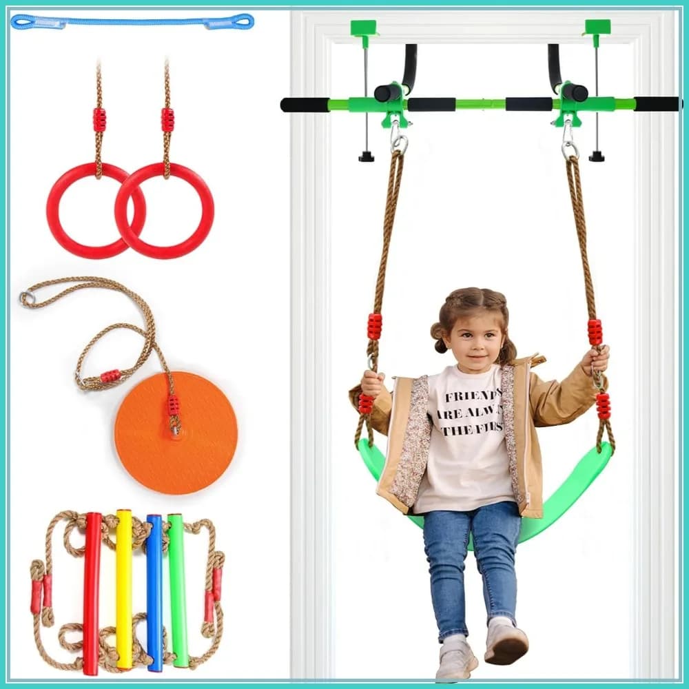 Attrezzo Multifunzione da Porta con Altalena e Barra per Trazioni, Adatto per Telai di Porte da 62-77,5 cm di Larghezza x 10-17 cm di Spessore, Verde