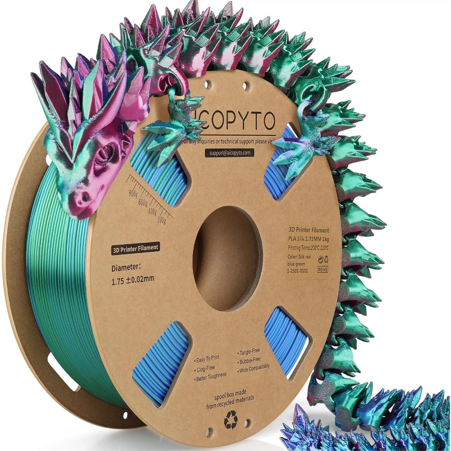 Filamento PLA Tricolore in Seta 1.75mm, Filamento Multicolore 3-in-1 per Stampante 3D, Precisione Dimensionale +/-0.02mm, Bobina da 1KG (2.2 libbre)