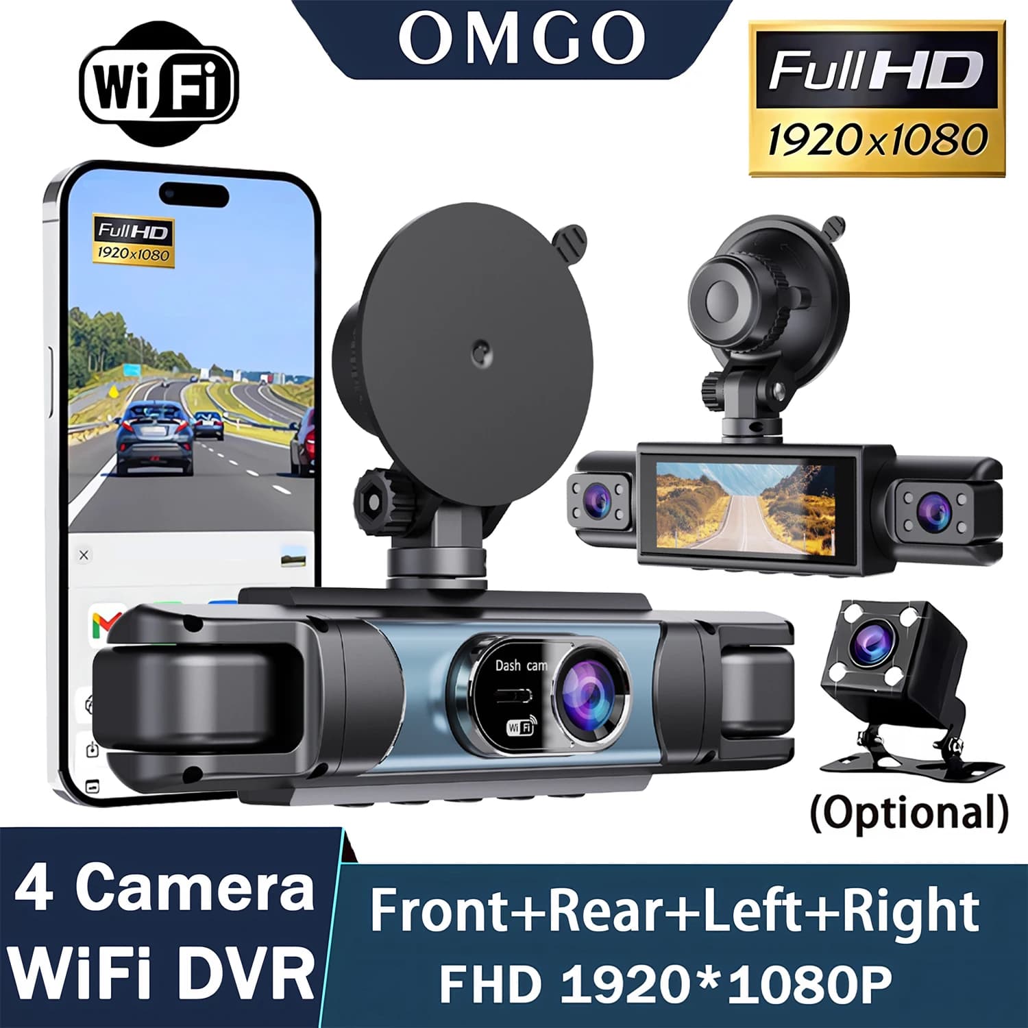 Dash Cam a 4 Canali con Visione a 360 Gradi per Auto, FHD 1080P, WiFi, App, DVR con 4 Obiettivi, Registratore Video per Conducente, Telecamera Posteriore