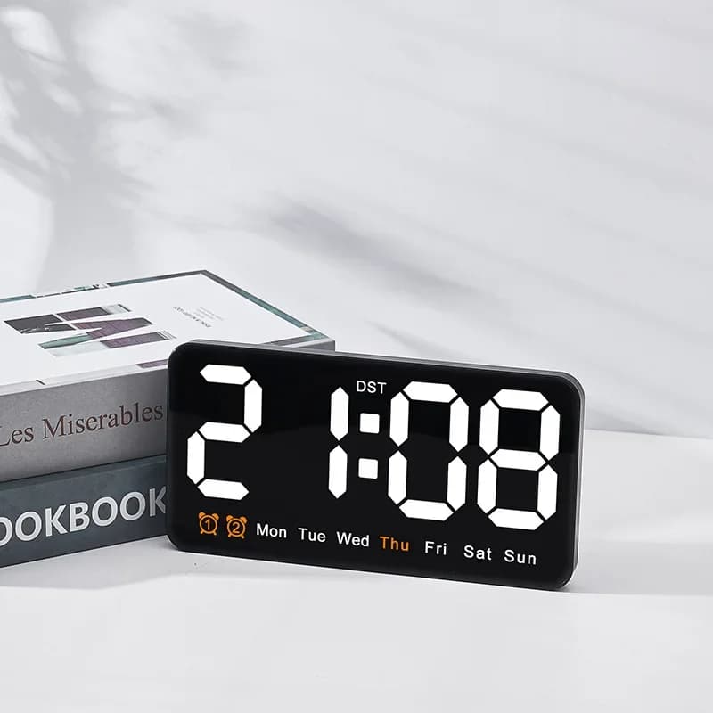 Large Digital Wall Clock with Voice Control Temperature Data Week DST Snooze Table Clock 12/24 Hours Double Alarm LED Wall Clock