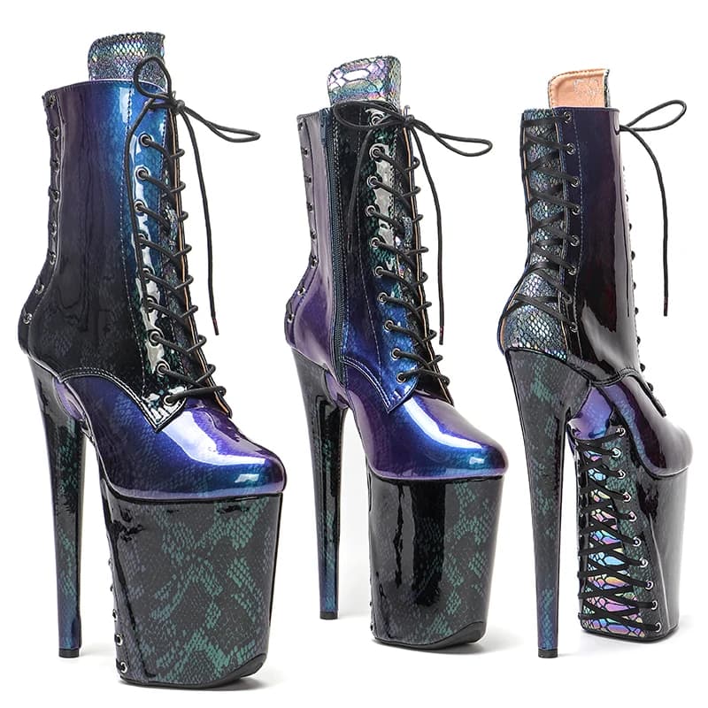 Leecabe 23CM/9inches Shiny Snake PU Gradient color Lace-up Trend fashion Heels stripper platform High heel Pole Dance boots