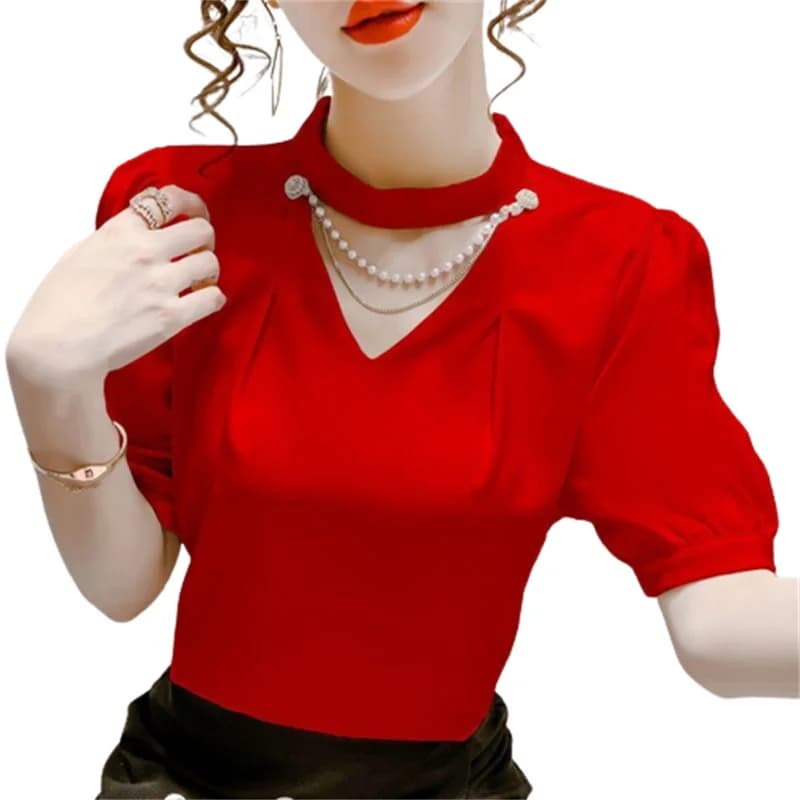 Women's Summer Style Shirts Lady Fashion Casual Puff Short Sleeve O-Colle Solid Pearl Shirts Top WY0227