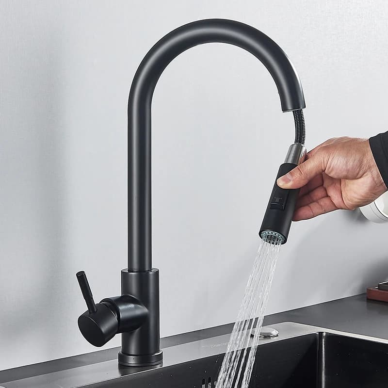 Rubinetto da cucina nero flessibile estraibile 2 modalità ugello miscelatore acqua calda fredda rubinetto spruzzatore montato sul ponte e rubinetti Stream SUS 304