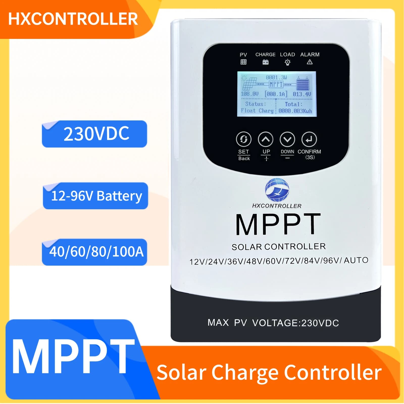 Regolatore di carica solare MPPT HXCONTROLLER 40A 60A 80A 100A, max 230VDC, supporto monitoraggio WIFI per batterie 12V 24V 48V 60V 72V 96V
