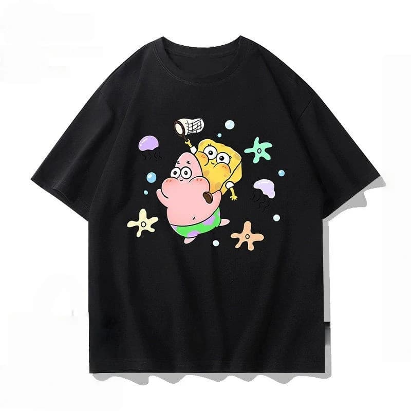 Cute Nightwear Cartoon Duo Holding Pillow Bubble Background Print Youth Daily Loose Short Sleeve Tops