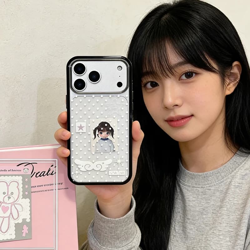 Cover for iPhone with polka dots and stars, Korean style, for models 17, 16, 15, 14, 13, 12, 11 Pro Max, 14, 15, 16, 17 Air, 7, 8 Plus - Style Y2K sweet