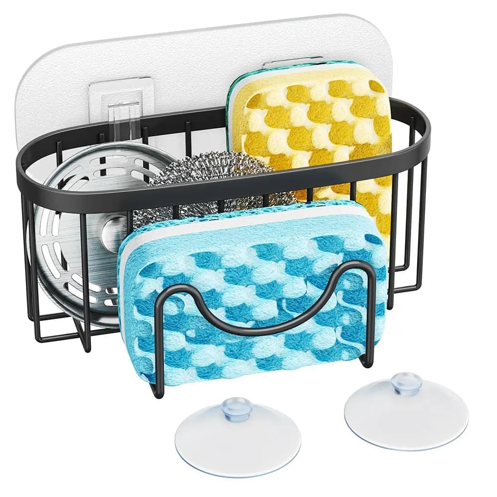 Suction Cups Sponge Drainer Rack Rustproof with Hook Stainless Steel Sponge Holder Multi-Functional Hollowed