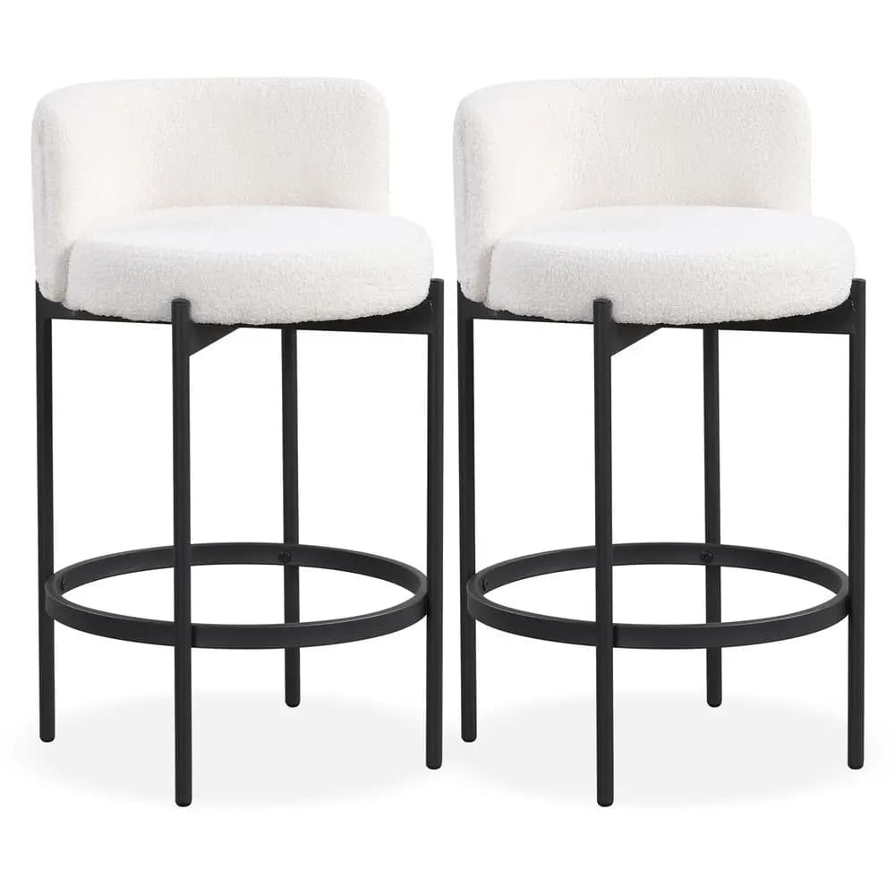 Counter Height Bar Stools Set of 2, 24.5 Inch Boucle Modern Barstools w Curved Backrest, Metal Frame, Comfy Footrest, Upholster