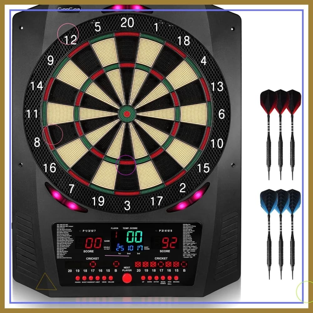 Tavolo da gioco elettronico con 45 giochi, effetti sonori e luminosi, 6 freccette e 100 punte
