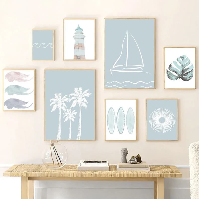 Blue White Lighthouse Sailboat Palm Tree Surfboard Poster Prints Canvas Printing Minimalism Wall Art Picture for Room Home Decor