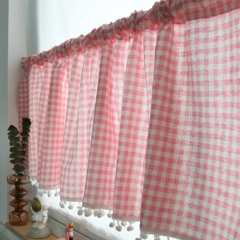 Tenda Giapponese in Cotone e Lino a Quadri Rosa, Tenda Divisoria Semi-Trasparente, Tenda Decorativa in Tessuto con Foro per Asta