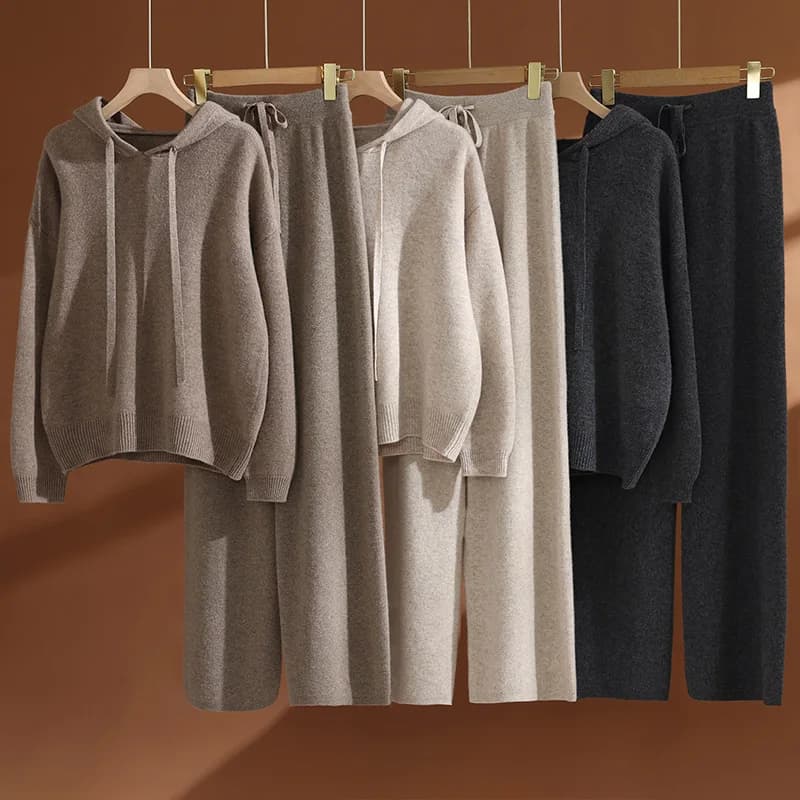ADDONEE Autunno Inverno Donna 100% Lana Set Felpa con cappuccio Pullover Pantaloni a gamba larga Spessore Casual Cashmere Maglieria Maglione Pantaloni Vestito