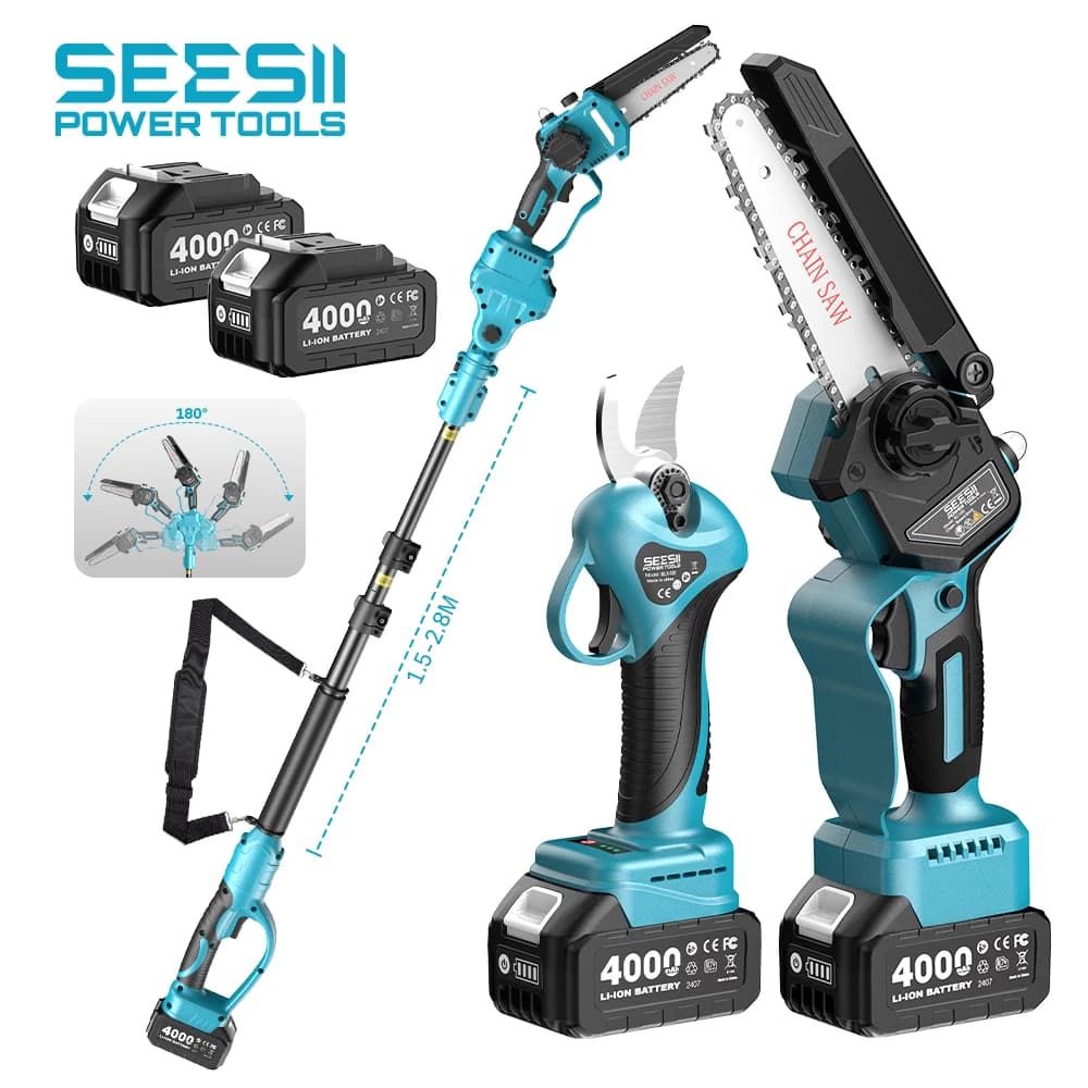Forbici elettriche Seesii 3 in 1 senza spazzole senza fili da 30 mm Motosega elettrica senza spazzole da 6 '' con strumento per asta telescopica di estensione da 2,4 m