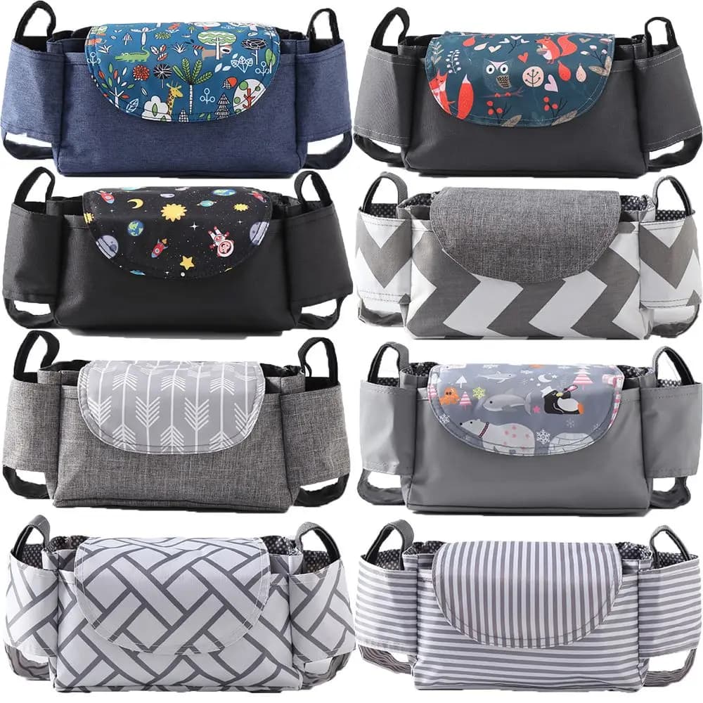 Borsa portaoggetti per passeggino, organizer per carrozzina, porta bicchieri e porta biberon per passeggino