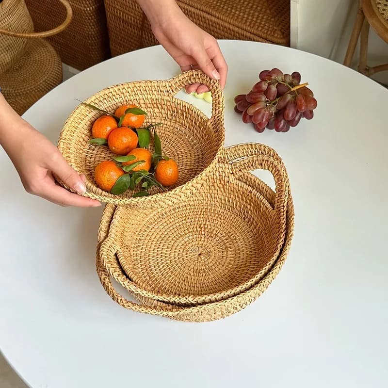 Living Room Fruit Basket, Handcrafted Rattan Dried Fruit And Sundries Tray, Double-eared Rattan Basket, Picnic Storage Basket