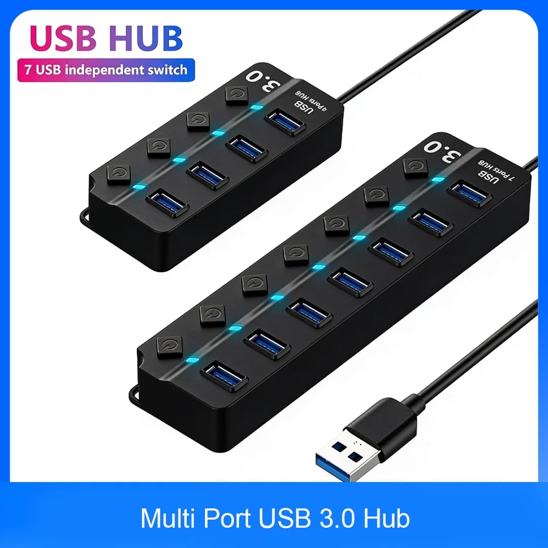 USB 3.0 Hub High Speed Multi Port USB 2.0 Splitter Expander Adapter with LED Switch for PC Laptop Desktop