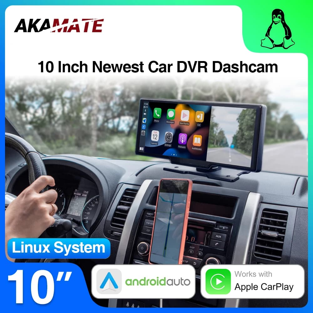 Dash Cam per Auto da 10 Pollici con CarPlay Wireless e Android Auto, Design a Doppia Telecamera, DVR Universale, Registratore di Guida con Scheda TF