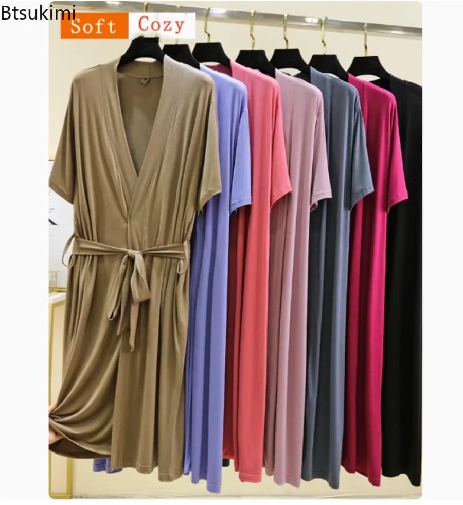 Morbidi abiti modali per le donne Estate sottile manica corta Accappatoi larghi Solid Lace Up Camicia da notte Servizio a domicilio Hotel Accappatoi da donna