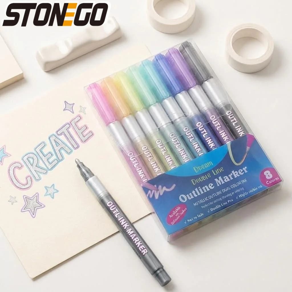 8Pcs Metallic Double Line Art Markers Set Fine Outline Pens for Drawing Calligraphy Scrapbooking Stationery
