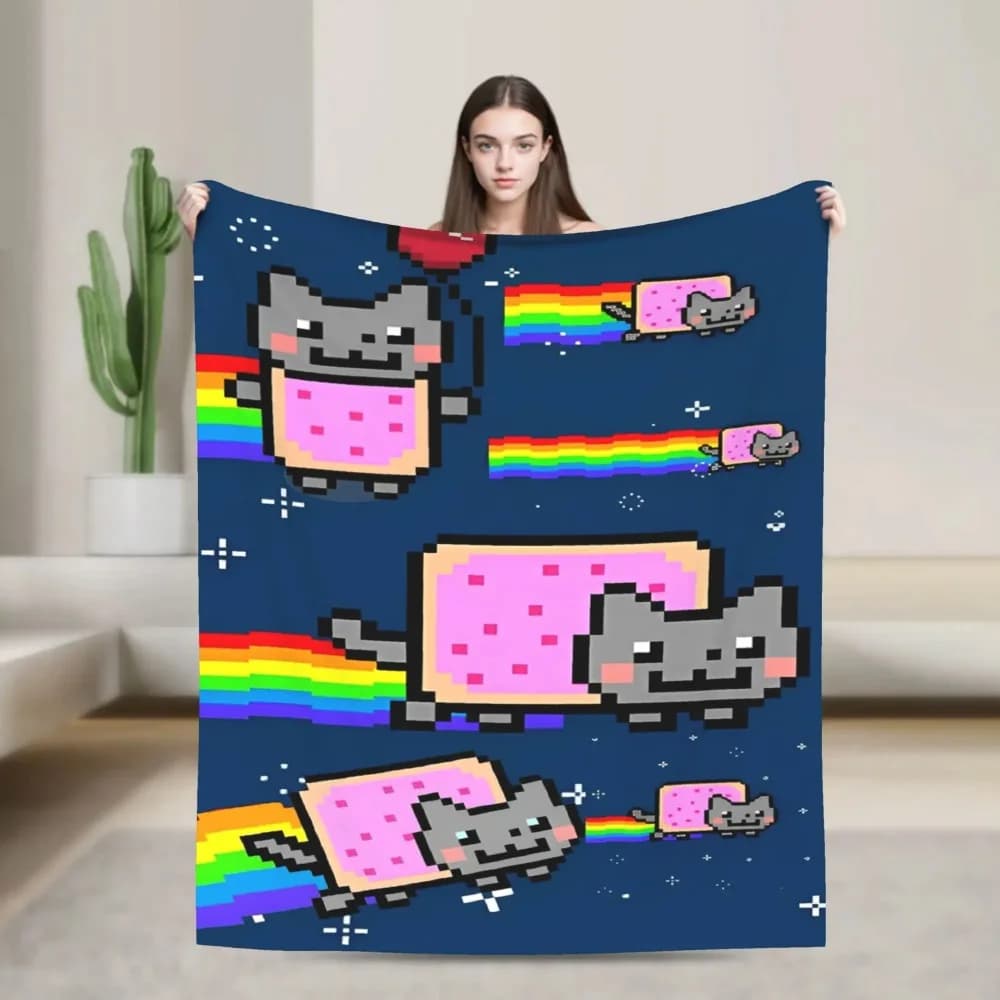 Coperta in Flanella con Motivo Gatto Arcobaleno Pixel Space Nyans, Morbidissima e Portatile per Letto, Auto, Tappeto, Autunno/Inverno