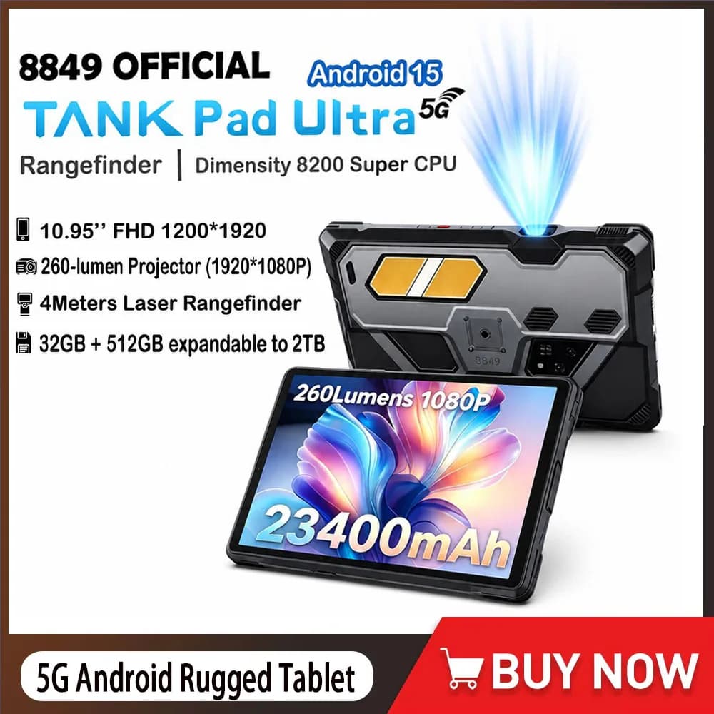 Unihertz 8849 Tank Pad Ultra 5G Rugged Tablet 16GB+512GB 64MP Night Vision, With 1080P Projector 260 Lumens, Android15, WiFi 6