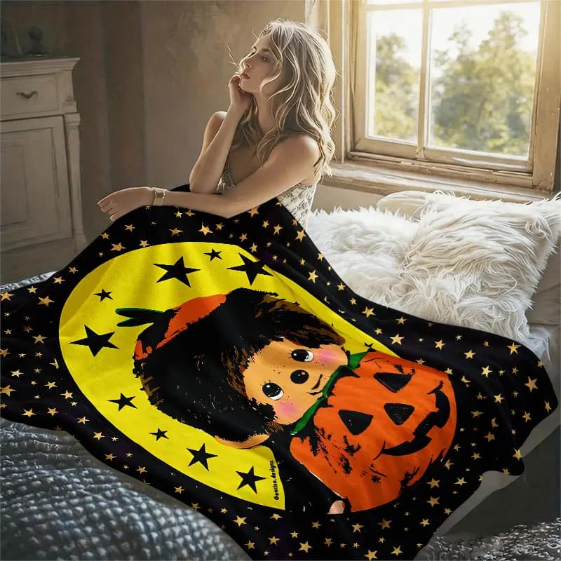 Monchhichi Pumpkin Star Flannel Blanket Warm Soft Halloween Christmas Decorative Couch Warm Cozy All-Season Gift