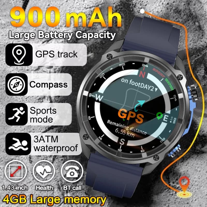 2026 New Smartwatch GPS Maps Offline Memory 4 GB Video Player Military Sports Smart Bracelet Man 50 m Cloud Waterproof Sapphire