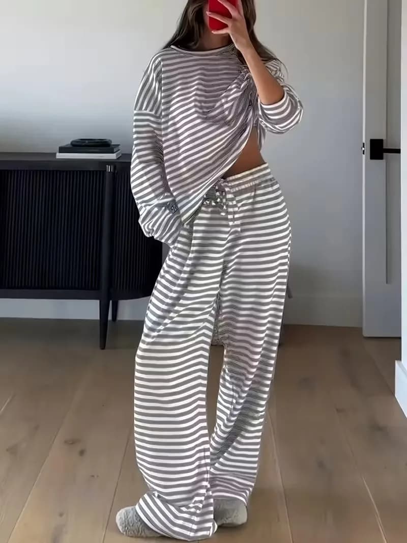 2026 Autumn Winter New Women Striped Round Neck Loose T-shirt High Waist Long Pants 2 Piece Set Casual Daily Outfit Suit